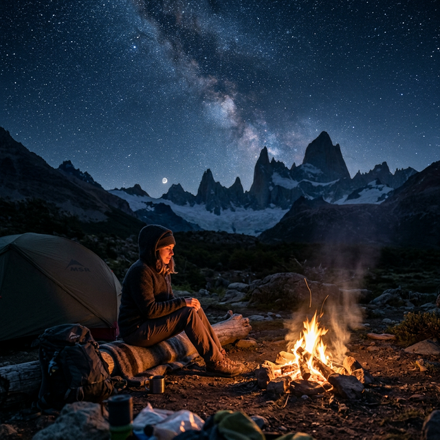 Путешественник у костра под звёздным небом